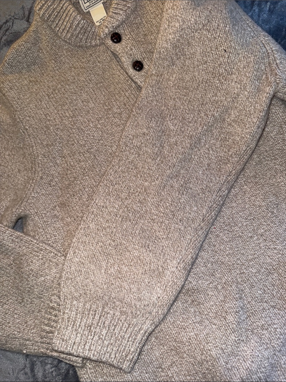 L.L. Bean Men's Taupe Crewneck Henley Sweater with Button Placket - Picture 5 of 7